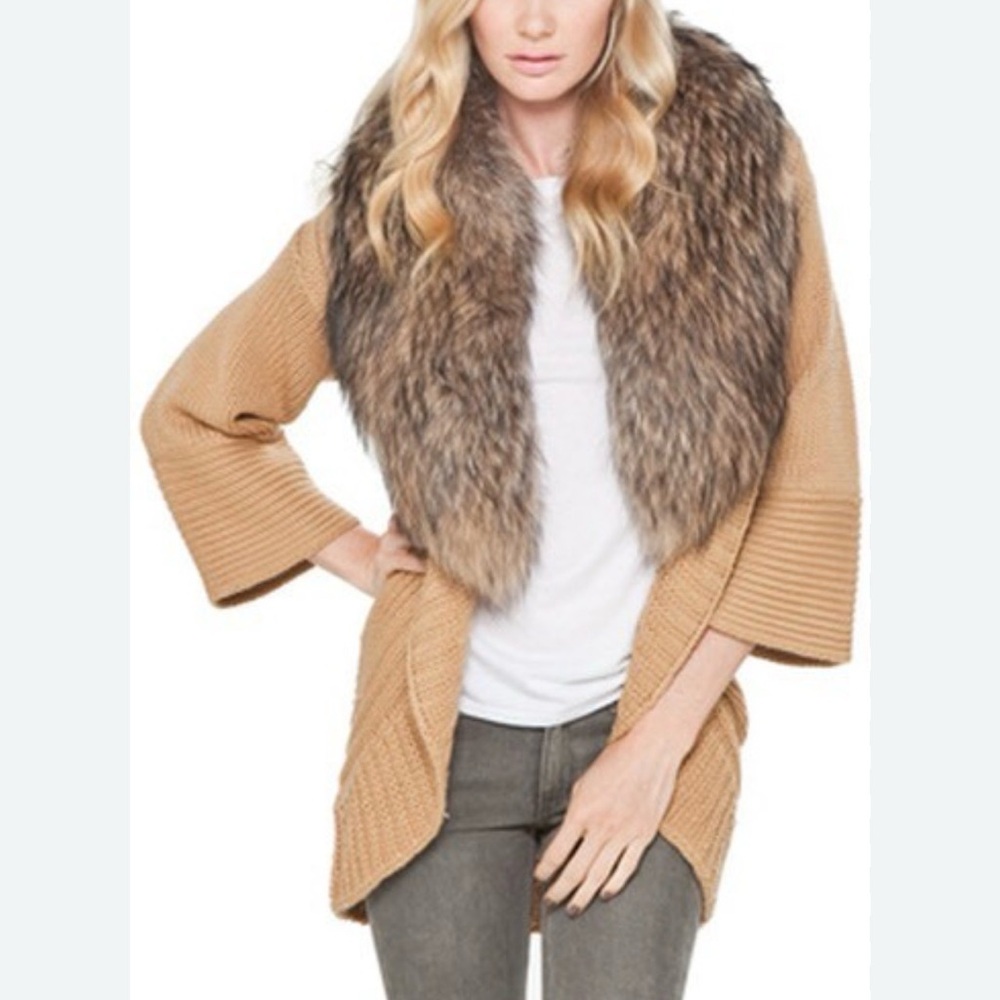 Alice + Olivia Camel Open Cardigan with Faux Fur Collar